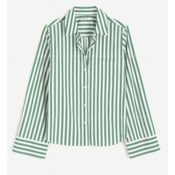 Madewell Poplin Easy Y-Neck Button-Up Shirt WMNS M Green White Striped NU737 LS - Picture 3 of 9